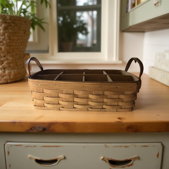 Longaberger Divided Organizer Basket w/ WoodCrafts 6-Section Insert, Leather Han - Picture 1 of 10
